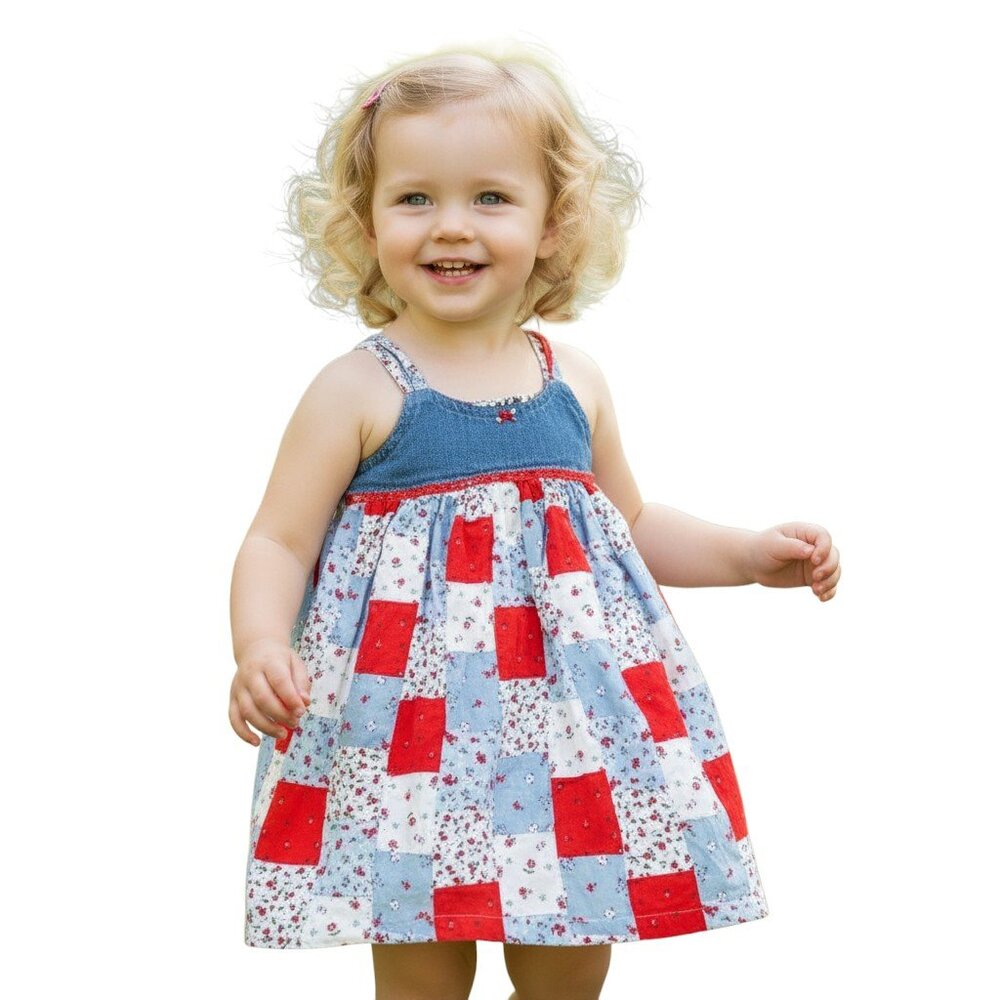 Youngland Patchwork Dress Girls 5 Red Blue Floral Chambray Spring Summer Easter